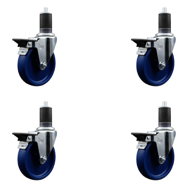 5'' Solid Poly Swivel 1-5/8'' Expanding Stem Caster Set with Brake, 4PK